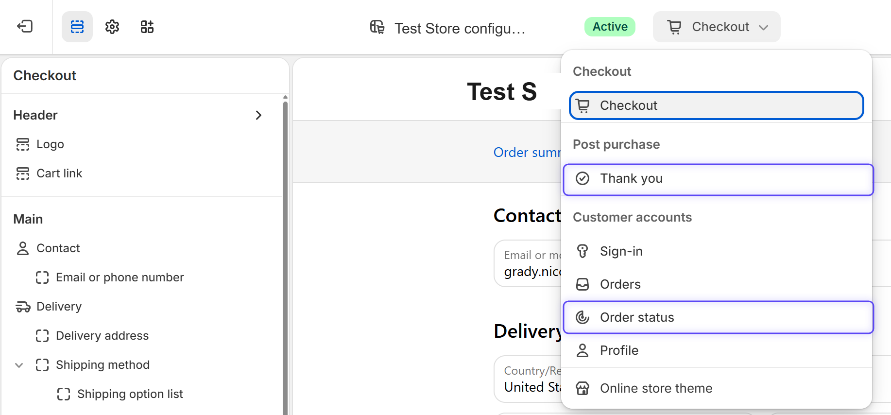 Step 3: Switch to the Thank you page, page selector showing Thank you and Order status