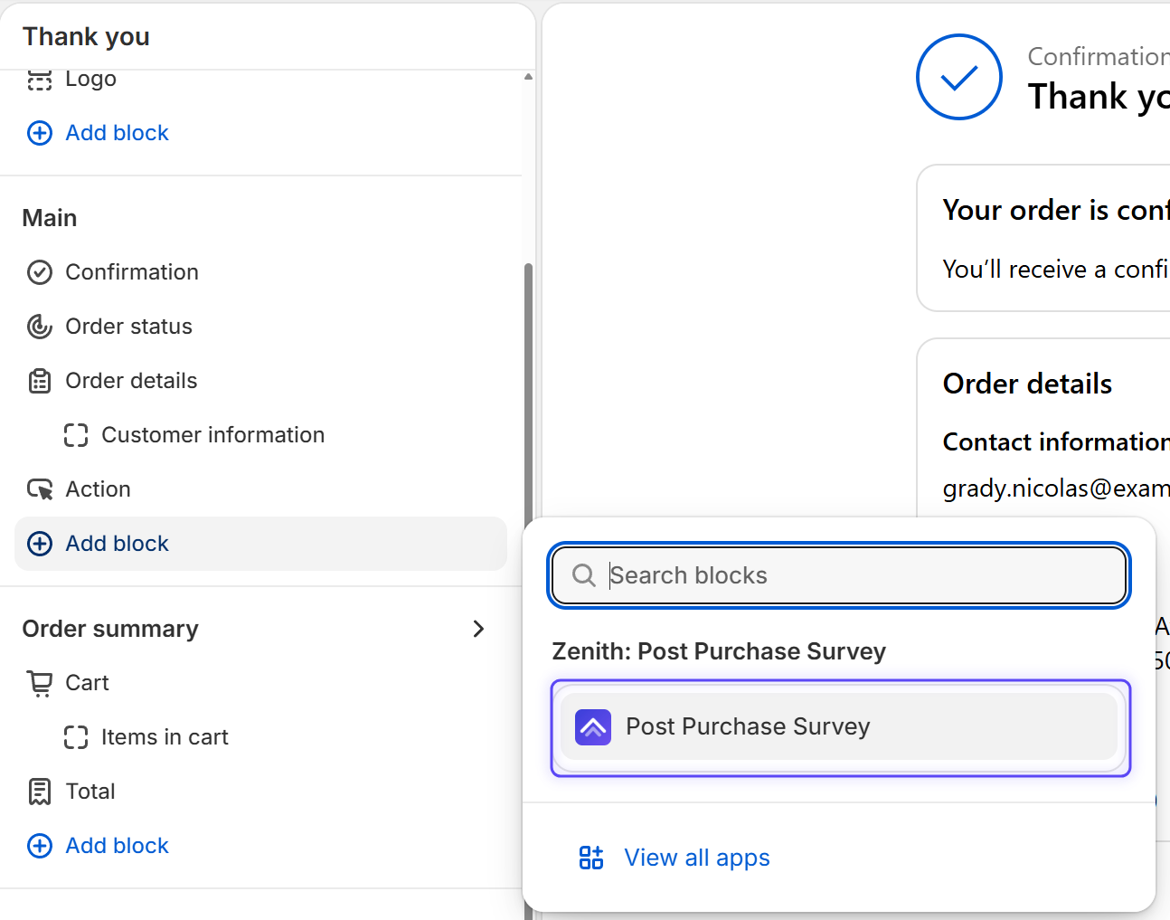 Step 4: Add the Post Purchase Survey block