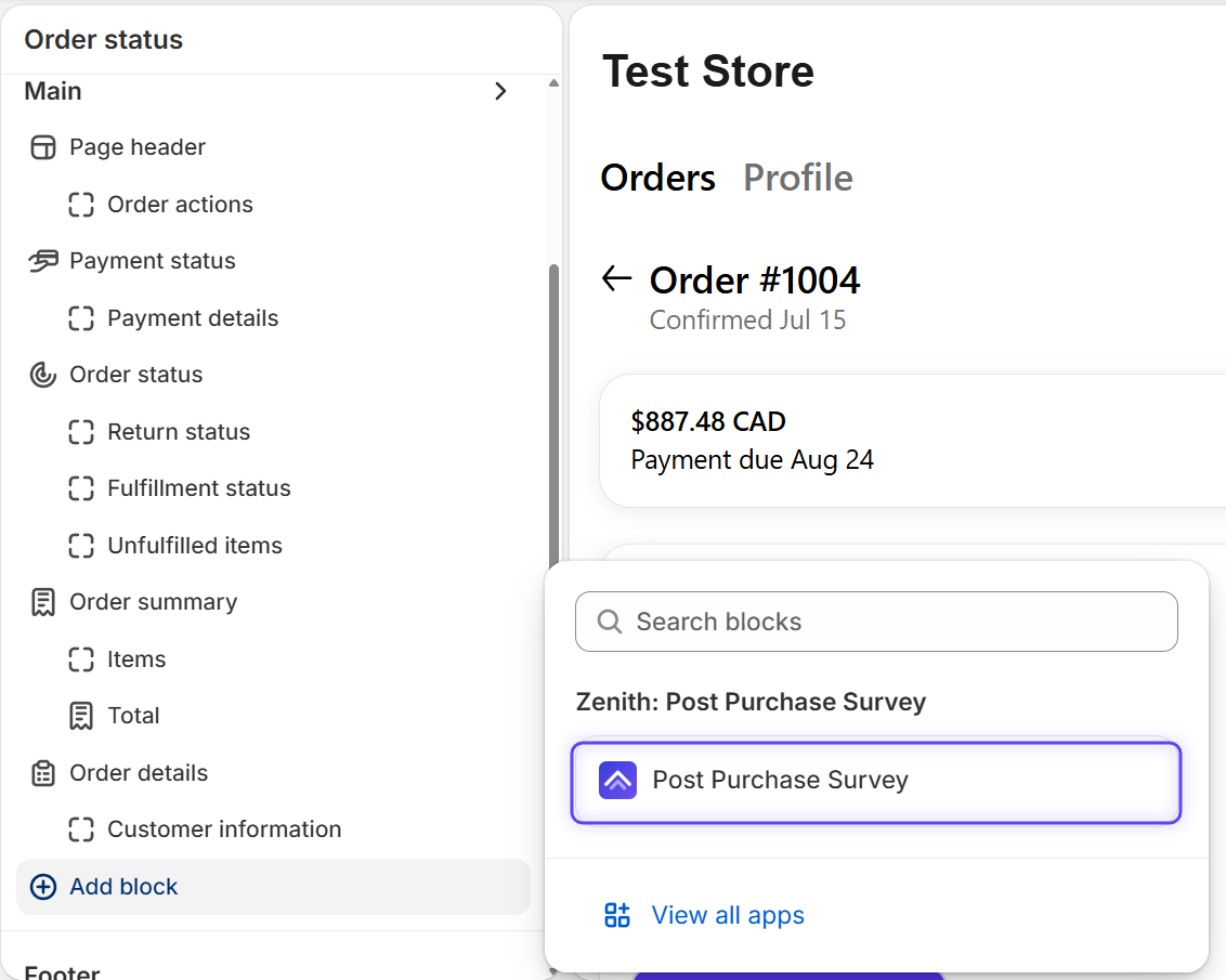 Step 6: Add the block to the Order status page
