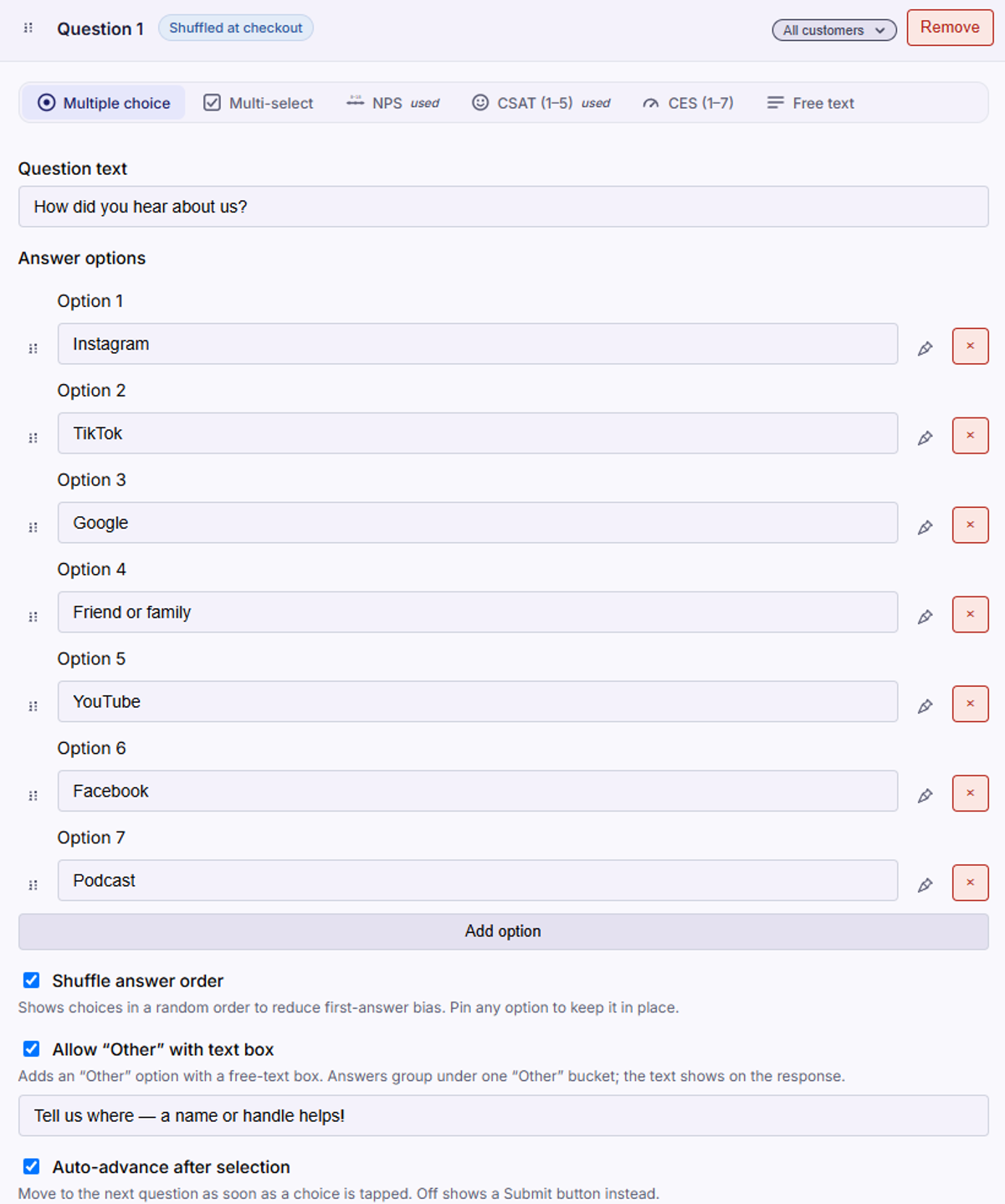 Zenith survey builder with the question-type picker and answer options