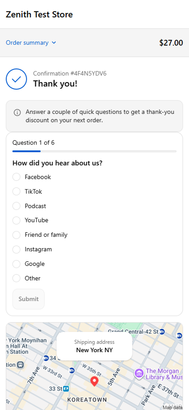 Zenith survey on the Shopify order thank-you page asking how did you hear about us, with one-tap answer options